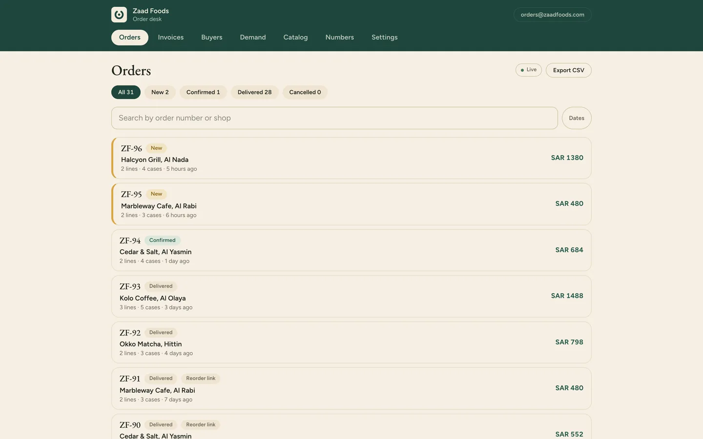 The distributors edition of the Order desk: the live order feed