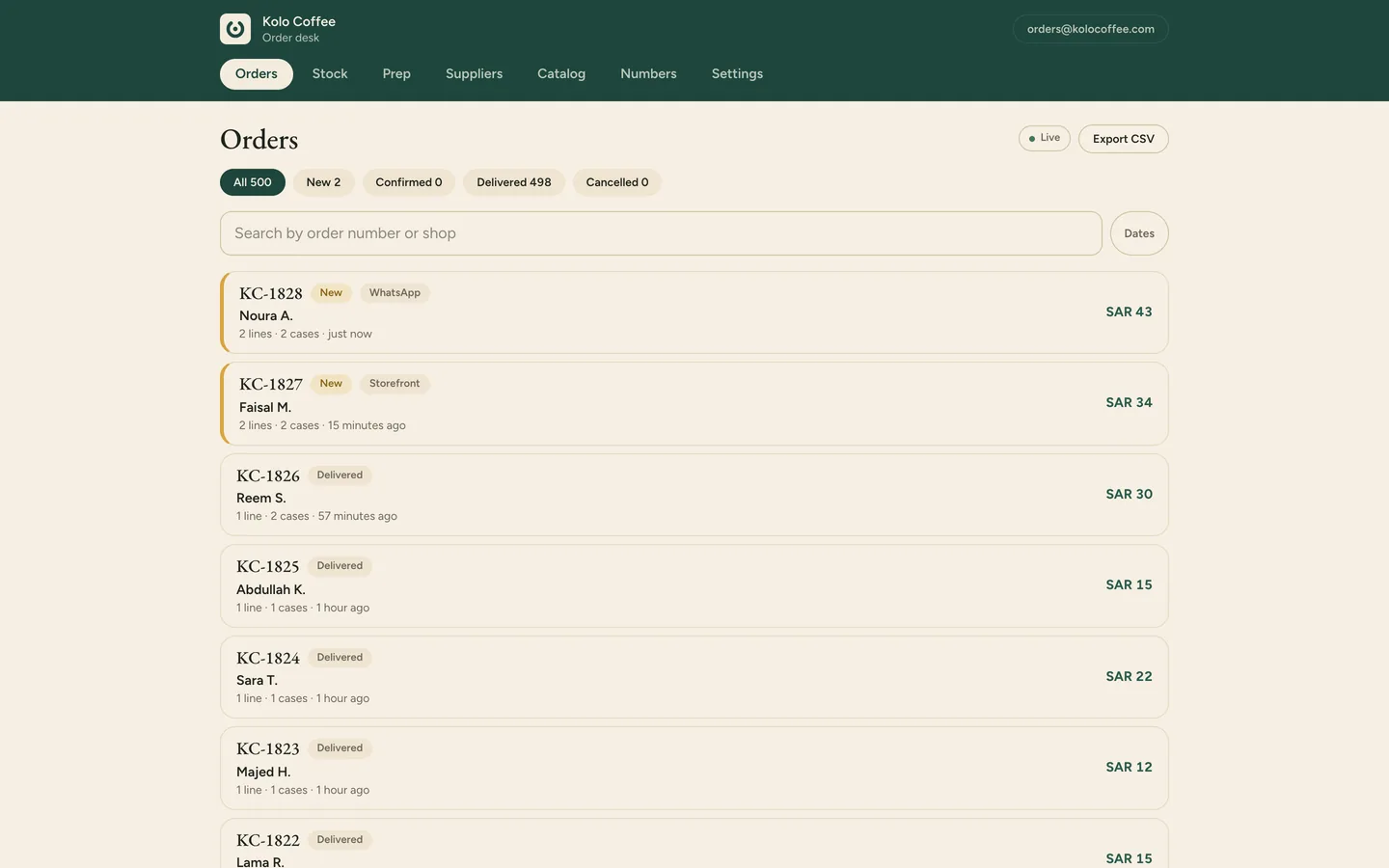 The Order desk: a live order feed with orders from WhatsApp and a storefront link